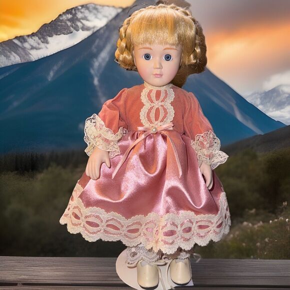Unbranded Other - -DOLL porcelain doll Blonde Braided Hair Blue/gray Eyes Pink Dress 10”